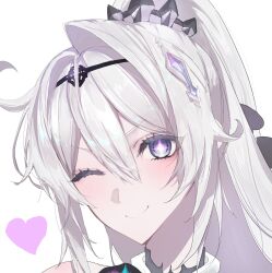  1girl ;) ahoge blue_eyes blush bright_pupils collar commentary_request fuahina hair_between_eyes hair_intakes headband heart high_ponytail highres honkai_(series) honkai_impact_3rd kiana_kaslana kiana_kaslana_(herrscher_of_finality) long_hair one_eye_closed ponytail sidelocks smile symbol-shaped_pupils tiara white_hair 