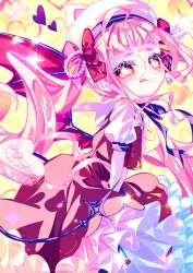  1girl absurdres ahoge animal_hat bag beads between_legs bow cat_hat closed_mouth collared_shirt commentary_request cowboy_shot earrings frills from_side glasses hair_beads hair_bow hair_ornament hand_between_legs handbag hat heart heart-shaped_bag heart_background heart_earrings high-waist_skirt highres indie_virtual_youtuber jewelry kuronohanpen looking_at_viewer petticoat pink_bag pink_bow pink_hair puffy_short_sleeves puffy_sleeves red_bow red_skirt red_vest round_eyewear sasasaki_kiki shirt short_eyebrows short_sleeves skirt solo star-shaped_pupils star_(symbol) symbol-shaped_pupils tongue tongue_out turning_head twintails vest virtual_youtuber white_hat white_shirt yellow_eyes 