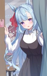  2girls animal_ears basket blue_eyes blue_hair blush braid breasts brown_hair commentary_request crown_braid dress ear_covers fitting_room flower hair_between_eyes hair_flaps hair_flower hair_ornament highres horse_ears horse_girl jewelry kurumi_lm large_breasts long_hair long_sleeves medium_hair mejiro_ardan_(umamusume) mirror multiple_girls necklace open_mouth pink_hair reflection sakura_chiyono_o_(umamusume) shirt smile stool umamusume violet_eyes white_dress white_shirt 