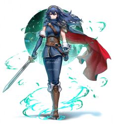  1girl alternate_costume armor belt blue_cape blue_eyes blue_gloves blue_hair blue_pants blue_sweater boots breasts brown_belt brown_boots brown_corset cape closed_mouth cloud_strife cloud_strife_(cosplay) commentary corset cosplay english_commentary falchion_(fire_emblem) final_fantasy final_fantasy_vii fire_emblem fire_emblem_awakening frown full_body gloves hair_between_eyes highres holding long_hair looking_at_viewer lucina_(fire_emblem) maze_draws medium_breasts pants pauldrons serious shoulder_armor single_pauldron sleeveless solo sweater sword tiara two-tone_cape weapon 