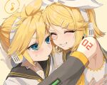  1boy 1girl armpits ascot bare_shoulders bass_clef blonde_hair blue_eyes blush bow cheek-to-cheek detached_sleeves eighth_note flat_chest grin hair_bow hair_ornament hairclip happy headphones heads_together headset highres hug kagamine_len kagamine_rin monaka_age musical_note necktie number_tattoo parted_lips sailor_collar sailor_shirt shirt shoulder_tattoo sleeveless sleeveless_shirt smile speech_bubble spoken_musical_note sweatdrop tattoo treble_clef v-shaped_eyebrows vocaloid white_bow yellow_ascot yellow_nails yellow_necktie 