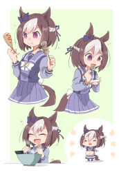  1girl :d :t =_= animal_ears beer_hsk big_belly bow bowl braid brown_hair chibi closed_eyes closed_mouth commentary_request drooling ear_bow eating food food_request green_background heart highres holding holding_food horse_ears horse_girl horse_tail mouth_drool multicolored_hair multiple_views noodles notice_lines pleated_skirt purple_bow purple_shirt purple_skirt ramen school_uniform shirt skirt smile special_week_(umamusume) tail tracen_school_uniform two-tone_background two-tone_hair umamusume violet_eyes white_background white_bow white_hair x_navel 