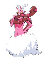  1girl absurdres breasts clouds colored_sclera colored_skin commentary_request covering_own_mouth enamorus enamorus_(incarnate) full_body hand_on_own_hip hand_up heart heart-shaped_hair highres horns medium_breasts multiple_horns navel pink_horns pink_skin pointy_ears pokemon pokemon_(creature) pokemon_focus rongyuanfeida solo tail_around_neck white_hair yellow_sclera 