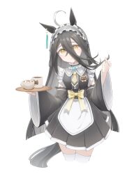  1girl absurdres ahoge animal_ears apron black_dress black_hair black_hairband black_sleeves blush bow breasts closed_mouth coffee coffee_mug collar commentary_request cup detached_sleeves dress ear_tag earrings frilled_collar frilled_hairband frills hair_between_eyes hairband headband highres holding holding_tray horse_ears horse_girl jewelry long_bangs long_hair long_hair_between_eyes long_sleeves looking_at_viewer manhattan_cafe_(umamusume) mug multicolored_hair re1m1 revision single_earring small_breasts smile solo sugar_cube tail tea teacup thigh-highs tray umamusume very_long_hair waist_apron white_apron white_hair white_thighhighs yellow_bow yellow_eyes 