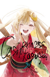  1girl ;d absurdres animal_ears bare_shoulders black_sash blonde_hair cho_kaguya-hime! clothing_cutout commentary copyright_name cowboy_shot crescent crescent_hair_ornament english_text fang_xue_jun hair_ornament highres japanese_clothes kaguya_(cho_kaguya-hime!) kimono long_hair looking_at_viewer lop_rabbit_ears obi obijime one_eye_closed open_mouth orange_eyes rabbit_ears rabbit_girl red_kimono sash shoulder_cutout simple_background smile solo teeth upper_teeth_only v very_long_hair white_background 