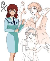  1girl amuro_ray brown_hair commentary_request curly_hair dress earrings earth_federation genderswap genderswap_(mtf) gloves gundam highres holding holding_hands jewelry long_hair long_sleeves looking_at_viewer military military_uniform mobile_suit_gundam rotomem shirt suit white_dress wrench 