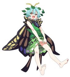  1girl absurdres antennae aqua_hair baba_(baba_seimaijo) barefoot butterfly_wings character_name commentary_request dress eternity_larva full_body green_dress hair_between_eyes hair_ornament highres insect_wings leaf_hair_ornament looking_at_viewer multicolored_dress open_mouth short_hair simple_background skirt smile solo toes touhou white_background wings yellow_eyes yellow_wings 