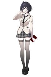  1girl ahoge black_necktie black_shoes black_thighhighs blue_eyes book collared_shirt d4dj full_body grey_skirt hand_up holding holding_book ichinohashi_mikumo jacket loafers long_sleeves looking_at_viewer necktie official_art open_mouth plaid_clothes plaid_skirt pleated_skirt shirt shoes short_hair simple_background skindentation skirt solo tachi-e thigh-highs transparent_background white_jacket white_shirt wolf_cut zettai_ryouiki 