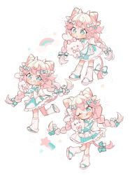  1girl :o animal_ears back_bow blue_eyes blush bow braid commentary_request grin hair_bow highres horns long_hair long_sleeves loose_socks multiple_views original pink_hair rainbow shooting_star smile socks stuffed_animal stuffed_rabbit stuffed_toy tail tail_bow tail_ornament tongue tongue_out twin_braids twintails uekura_eku white_background white_bow white_socks 