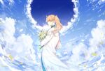  1boy bouquet clouds cloudy_sky english_commentary english_text fate/grand_order fate_(series) flower gevjon green_eyes highres holding holding_bouquet labcoat lily_(flower) long_hair long_sleeves looking_back male_focus orange_hair petals ponytail romani_archaman sky smile solo spoilers white_flower 