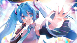  1girl aqua_eyes aqua_hair aqua_nails aqua_necktie aqua_trim black_sleeves blush breasts collared_shirt commentary_request detached_sleeves grey_shirt hair_between_eyes hair_ornament hatsune_miku headset holding holding_microphone long_sleeves looking_at_viewer microphone necktie nico_eggroll open_mouth shirt sleeveless sleeveless_shirt small_breasts smile solo twintails upper_body vocaloid wide_sleeves 