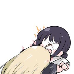  2girls ahoge black_hair black_shirt blonde_hair cho_kaguya-hime! glomp hair_bun heart highres hug kaguya_(cho_kaguya-hime!) long_hair mitsuki/saniya mole mole_under_eye multiple_girls open_mouth puckered_face sailor_collar sakayori_iroha school_uniform serafuku shirt short_sleeves simple_background single_hair_bun surprise_hug surprised t-shirt very_long_hair white_background white_sailor_collar white_shirt 