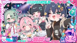  4girls angels_of_delusion aqua_hair aqua_streaks aria_(zenless_zone_zero) arm_warmers bandaid bandaid_hair_ornament bangboo_(zenless_zone_zero) bare_shoulders belle_(zenless_zone_zero) black_choker black_shirt blush border bow choker closed_mouth clothing_cutout colored_inner_hair commentary_request crossed_bangs detached_collar detached_sleeves dress finger_heart fingerless_gloves flying_sweatdrops fur-trimmed_sleeves fur_trim gloves green_bow green_eyes hair_between_eyes hair_bow hair_ornament half-closed_eyes heart highres letter_hair_ornament looking_at_viewer momico_co multicolored_hair multiple_girls multiple_hair_bows multiple_hair_clips nangong_yu navel navel_cutout necktie one_eye_closed open_mouth orange_nails pink_arm_warmers pink_bag pink_border pink_bow pink_gloves pink_hair pink_nails ponytail red_eyes red_nails red_necktie selfie shirt smile star_(symbol) streaked_hair striped_arm_warmers sunna_(zenless_zone_zero) triangle_hair_ornament v white_dress white_shirt zenless_zone_zero 