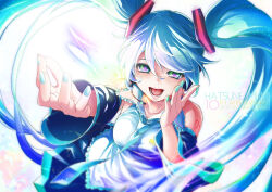  1girl :d anniversary bare_shoulders black_skirt black_sleeves blue_eyes blue_hair blue_nails blue_necktie breasts character_name commentary_request detached_sleeves foreshortening frilled_shirt_collar frills green_eyes hatsune_miku headphones headset kitano_tomotoshi light_particles long_hair long_sleeves medium_breasts multicolored_eyes nail_polish necktie number_tattoo open_mouth outstretched_arm shirt shoulder_tattoo skirt sleeveless sleeveless_shirt smile solo sparkle swept_bangs tattoo twintails twitter_username two-tone_eyes very_long_hair vocaloid white_shirt 