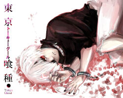 1boy black_nails black_shirt blood commentary_request copyright_name cuffs feet_out_of_frame hair_over_one_eye holding_eyepatch kaneki_ken looking_at_viewer lying male_focus mask mask_around_neck on_side one_eye_covered parted_lips red_eyes shirt shishi_(eai_make) short_hair shorts solo three-quarter_sleeves tokyo_ghoul white_background white_hair white_shorts 