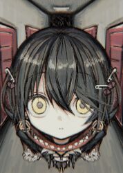  1boy black_coat black_hair ceiling_light coat door earrings full_body hair_between_eyes hallway hashtag-only_commentary highres hoop_earrings indoors jewelry l3memc358 looking_at_viewer male_focus mashiro_meme mashiro_meme_(1st_costume) nijisanji open_clothes open_coat parted_lips red_scarf safety_pin_hair_ornament scarf short_hair solo standing two_side_up virtual_youtuber yellow_eyes 