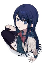  1girl aosuke_(02ao_04_) black_thighhighs blue_hair blue_sailor_collar bow bowtie brown_shoes closed_mouth commentary_request danganronpa:_trigger_happy_havoc danganronpa_(series) full_body grey_shirt hair_ornament hairclip highres long_hair long_sleeves maizono_sayaka miniskirt plaid_clothes plaid_skirt pleated_skirt red_bow red_bowtie sailor_collar shirt shoes simple_background sitting skirt solo thigh-highs white_background 