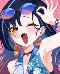  1girl absurdres adjusting_eyewear armpits bare_shoulders bead_bracelet beads black_choker black_hair blue-tinted_eyewear blue_hair blue_shirt blush bracelet choker collarbone collared_shirt commentary ear_piercing earrings eyewear_on_head fangs floral_print hawaiian_shirt highres jewelry korean_commentary lilpa long_hair looking_at_viewer lovett35 multicolored_hair one_eye_closed open_mouth orange_eyes piercing pink_background round_eyewear shirt sleeveless sleeveless_shirt smile solo streaked_hair sunglasses tinted_eyewear upper_body virtual_youtuber waktaverse 