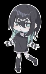  1girl aqua_eyes aqua_hair arm_warmers black_arm_warmers black_background black_choker black_hair black_leg_warmers black_shirt black_shoes chibi chibi_only choker collarbone commentary_request cross cross-shaped_pupils double-parted_bangs full_body hair_between_eyes hair_intakes hair_ornament leg_up leg_warmers long_hair looking_at_viewer multicolored_hair open_mouth original outstretched_arms oversized_clothes oversized_shirt shirt shoes sidelocks simple_background single_off_shoulder sleeves_past_wrists solo spread_fingers standing standing_on_one_leg strap striped_arm_warmers su_ha_ya symbol-shaped_pupils thighs two-tone_hair white_arm_warmers wolf_cut x_hair_ornament yayo_(su_ha_ya) 