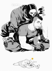  2boys balaclava call_of_duty call_of_duty:_modern_warfare_2 chanyuqianxin chinese_commentary commentary_request crew_neck english_text ghost_(modern_warfare_2) gloves greyscale highres hood hoodie looking_at_viewer male_focus mask mohawk monochrome multiple_boys pants short_hair short_sleeves simple_background sitting skull_mask soap_(modern_warfare_2) speech_bubble white_background 