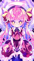  1girl absurdres ahoge animal_hat bag beads black_ribbon cat_hat closed_mouth collared_shirt commentary_request controller eyelashes frilled_cuffs from_above game_controller hair_beads hair_ornament handbag hat heart-shaped_bag highres holding holding_controller indie_virtual_youtuber kuronohanpen long_hair looking_at_viewer neck_ribbon petticoat pink_bag pink_hair pink_ribbon puffy_short_sleeves puffy_sleeves red_skirt red_vest ribbon sasasaki_kiki shirt short_eyebrows short_sleeves single_wrist_cuff skirt smile solo star-shaped_pupils star_(symbol) symbol-shaped_pupils twintails vest virtual_youtuber white_hat white_shirt white_wrist_cuffs wrist_cuffs wristband yellow_eyes 