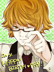  1boy black-framed_eyewear black_necktie black_vest blonde_hair brown_eyes closed_mouth collared_shirt commentary_request glasses green_background hand_up highres looking_at_viewer male_focus necktie nishio_nishiki one_eye_closed portrait semi-rimless_eyewear shirt shishi_(eai_make) short_hair smile solo tokyo_ghoul translation_request under-rim_eyewear vest white_shirt 