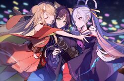  3girls absurdres animal_ears belt blue_hair blunt_bangs blurry blurry_background brown_hair chinese_hairpin cho_kaguya-hime! closed_eyes collarbone colored_inner_hair commentary crescent crescent_hair_ornament forehead_jewel fox_ears fushi_(cho_kaguya-hime!) girl_sandwich green_eyes grey_hair gu_luco hair_ornament hair_rings highres hug japanese_clothes kaguya_(cho_kaguya-hime!) kimono long_hair lop_rabbit_ears multicolored_eyes multicolored_hair multiple_girls orange_kimono parted_bangs purple_hair purple_kimono rabbit_ears red_nails runami_yachiyo sakayori_iroha sandwiched sash short_hair smile swept_bangs 