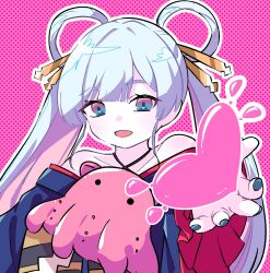  1girl blue_eyes blue_kimono cho_kaguya-hime! criss-cross_halter hair_rings halterneck heart highres japanese_clothes kimono long_hair looking_at_viewer mitsuki/saniya octopus off_shoulder open_mouth outline pink_background polka_dot polka_dot_background runami_yachiyo smile solo twintails white_outline 