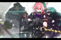  1girl 2others beretta_93r black_pants black_shirt blurry blurry_background blush bow brown_eyes commentary_request depth_of_field ear_protection english_text gloves grey_gloves gun hair_between_eyes handgun headset highres holding holding_gun holding_shield holding_weapon iwasawayuki letterboxed multiple_others original pants parted_lips pink_hair purple_bow riot_shield shield shirt short_sleeves solo_focus thigh_gap trigger_discipline weapon 