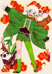  1other ahoge asymmetrical_legwear bamboo chinese_clothes commentary_request commission dumpling food green_hair guitar instrument mandarin_collar multicolored_hair nekodou_(yukatin1000) outstretched_arms panda pantyhose solo spread_arms two-tone_hair white_hair xiangyun 