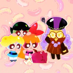 4girls alchemist_cookie black_hair blonde_hair blossom_cookie blue_dress bow brother_and_sister bubbles_cookie buttercup_cookie closed_eyes commentary_request cookie_run cookie_run:_ovenbreak dress glasses hair_bow highres long_hair mary_janes multiple_girls orange_hair pink_dress pink_eyes powerpuff_girls shoes short_hair short_twintails siblings socks thai_commentary twintails vampire_cookie vampire_cookie_(bat) white_socks yummybunny777 