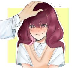  1girl 1other absurdres astral_buddy blush border brown_eyes brown_hair brown_sweater_vest collared_shirt commentary downcast_eyes embarrassed flying_sweatdrops hair_between_eyes headpat highres long_hair looking_down mitsuari_ayu school_uniform shirt short_sleeves solo_focus summer_uniform sweater_vest toaru_kagaku_no_railgun toaru_majutsu_no_index toaru_majutsu_no_index:_new_testament tokiwadai_school_uniform v-neck wavy_hair white_border white_shirt yellow_background yenth 