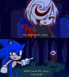  1boy 1girl english_text floating forest gloves green_eyes hair_over_one_eye half-closed_eye nature night night_sky one-punch_man open_mouth parody pointing_at_another red_eyes sage_(sonic) sky sonic_(series) sonic_frontiers sonic_the_hedgehog subtitled tasikyu tree white_gloves white_hair 