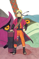  1boy absurdres black_boots black_coat black_jacket blonde_hair blue_eyes boots coat facial_mark forehead_protector frog highres jacket konohagakure_symbol layered_sleeves long_coat long_sleeves looking_at_viewer multicolored_coat multicolored_jacket naruto_(series) naruto_shippuuden official_art open-toe_boots open_clothes open_coat orange_jacket orange_pants pants pink_coat short_hair short_over_long_sleeves short_sleeves simple_background solo two-tone_coat two-tone_jacket uzumaki_naruto whisker_markings white_background 