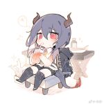  1girl arknights blue_hair bottle ch&#039;en_(arknights) chair coat cup dragon_girl dragon_horns dragon_tail drink drinking drinking_glass drinking_straw drinking_straw_in_mouth holding holding_cup horns necktie plate red_eyes renren shirt short_hair sitting solo sweat tail twintails 