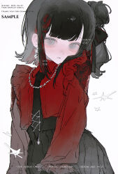  1girl absurdres black_hair black_necktie black_skirt commission cowboy_shot earrings frills grey_eyes high-waist_skirt highres izumi_087 jewelry long_sleeves looking_at_viewer mihuashi_commission necklace necktie original parted_lips pleated_skirt red_shirt sample_watermark shirt skirt solo watermark white_background 