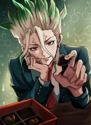  1boy blonde_hair box box_of_chocolates candy chocolate commentary_request dr._stone earrings facial_mark food gradient_hair green_hair hair_between_eyes heart heart-shaped_chocolate heart-shaped_food holding holding_chocolate holding_food honeycomb_(pattern) incoming_food ishigami_senkuu jacket jewelry long_sleeves looking_at_viewer male_focus multicolored_hair necktie ramune8931 red_eyes red_necktie ring shirt smile solo spiky_hair two-tone_hair upper_body valentine 