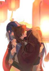  1boy 1girl brown_hair chinese_clothes closed_eyes closed_mouth commentary_request hanfu hetero highres hug jyan512 lantern long_hair marius_von_hagen_(tears_of_themis) purple_hair rosa_(tears_of_themis) simple_background tears_of_themis very_long_hair white_background 