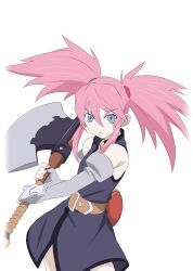  1girl artist_request axe belt belt_bag black_trim blue_eyes brown_bag closed_mouth coat commentary cowboy_shot elbow_gloves fighting_stance game_cg gloves grey_coat grey_gloves holding holding_axe holding_weapon long_hair looking_at_viewer official_art pink_hair presea_combatir purple_coat sleeveless sleeveless_coat solo standing tales_of_(series) tales_of_asteria tales_of_symphonia third-party_source transparent_background twintails weapon 