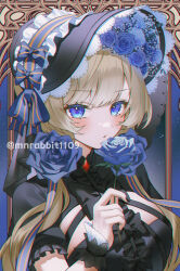  1girl alternate_costume black_bonnet black_bow black_dress black_nails black_wrist_cuffs blue_bow blue_eyes blue_flower blue_rose blush bonnet bow brown_hair center_frills chromatic_aberration commentary dress flower frilled_sleeves frills gem genshin_impact gothic_lolita hand_up highres holding holding_flower lolita_fashion long_hair looking_at_viewer mnrabbit1109 nail_polish red_gem rose sandrone_(genshin_impact) short_sleeves solo twitter_username untranslatable_commentary upper_body wrist_cuffs 