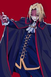  1boy arm_up ascot black_pants black_shirt blonde_hair cape closed_eyes curtained_hair fingernails formal_clothes frilled_sleeves frills male_focus medium_hair melty_blood moyosan night_of_wallachia open_mouth pants partially_shaded_face red_background sharp_fingernails shirt smile tsukihime 