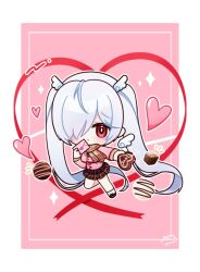 1girl ^^^ alternate_costume border breasts candy cardigan chibi chocolate cinderella_(nikke) deformed diamond_(shape) food goddess_of_victory:_nikke hair_ornament hair_over_one_eye hand_up hashtag-only_commentary heart heart-shaped_chocolate heart-shaped_food heart_ribbon highres leg_up long_hair long_sleeves looking_at_viewer momori_sensei necktie outstretched_arm pink_background plaid_clothes plaid_scarf plaid_skirt pleated_skirt red_eyes ribbon scarf shoes skirt socks solo twintails valentine very_long_hair white_border white_chocolate white_hair wing_hair_ornament 
