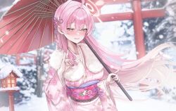  1girl absurdres alternate_costume blue_archive blush bush commentary_request fingernails fur-trimmed_kimono fur_trim green_eyes hachu_u1 halo hanako_(blue_archive) highres holding holding_umbrella japanese_clothes kimono lamp long_sleeves looking_at_viewer obi obiage obijime oil-paper_umbrella outdoors pink_hair pink_halo pink_kimono sash snow solo torii umbrella upper_body 