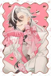  1boy alternate_costume artist_name black_hair boothill_(honkai:_star_rail) bow bow_choker bullet_earrings choker commentary cyborg ear_piercing earrings frilled_gloves frills gloves grey_eyes grin hair_over_one_eye hand_up highres honkai:_star_rail honkai_(series) ino_kevin jacket jewelry knees_up lapels long_hair long_sleeves looking_at_viewer male_focus mole mole_under_eye multicolored_hair multiple_moles notched_lapels outline pants piercing pink_bow pink_choker pink_gloves pink_theme sharp_teeth signature single_earring sitting smile solo teeth two-tone_hair untranslatable_commentary valentine white_hair white_jacket white_outline white_pants 