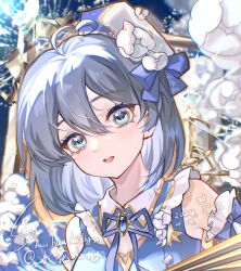  1girl absurdres ahoge beret blue_bow blue_eyes blue_gem blue_hair bow brooch detached_sleeves eyelashes flower gem hafly hair_between_eyes hair_bow hair_flower hair_ornament hat highres jewelry looking_at_viewer original portrait short_hair sidelocks solo teeth upper_teeth_only white_flower 