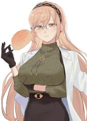  belt black_gloves blonde_hair bread breasts coat commentary_request demeter_(fate) demeter_(second_ascension)_(fate) fate/grand_order fate_(series) food glasses gloves green_shirt highres lab_coat large_breasts long_hair looking_at_viewer melon_bread open_clothes open_coat shirt skirt sweater unami_1o7 yellow_eyes 