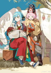  2girls absurdres alternate_costume alternate_hairstyle animal averting_eyes bang_dream! bang_dream!_it's_mygo!!!!! black_ribbon blue_hair blue_shoes boots braid brown_boots chihaya_anon chinese_commentary chinese_new_year chinese_zodiac closed_eyes closed_mouth clothing_request commentary_request crossed_arms day dress full_body grumpy hair_rings hat highres horse long_hair long_sleeves looking_to_the_side multiple_girls open_mouth outdoors pants pink_hair rakuichi red_dress ribbon shoe_soles shoes sidelocks sitting sky sleeves_past_fingers sleeves_past_wrists standing togawa_sakiko tree year_of_the_horse yellow_eyes 