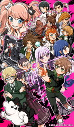  6+boys 6+girls absurdres anniversary asahina_aoi black_hair blue_eyes blue_hair blunt_bangs blush braid brown_hair card celestia_ludenberg commentary_request crystal_ball danganronpa:_trigger_happy_havoc danganronpa_(series) drill_hair enoshima_junko eyelashes facial_hair finger_gun freckles fujisaki_chihiro fukawa_toko gakuran glasses goatee green_eyes grin hagakure_yasuhiro highres holding holding_card hood hood_down hoodie ikusaba_mukuro ishimaru_kiyotaka kirigiri_kyoko kuwata_leon long_skirt maizono_sayaka monokuma multiple_boys multiple_girls naegi_makoto ogami_sakura orange_hair owada_mondo pannomimi0301 pompadour purple_hair red_nails red_ribbon ribbon round_eyewear safety_pin sailor_collar school_uniform short_hair skirt smile spoilers togami_byakuya trap twin_drills twintails yamada_hifumi 