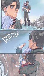  1boy 1girl absurdres black_hair character_request closed_eyes closed_mouth commentary ear_piercing earrings english_commentary genshin_impact highres jewelry looking_up multiple_scars naya_(onaxart) ocean piercing rain rock sand scar scar_on_arm scar_on_neck shirt short_hair standing standing_on_liquid twitter_username walking wet wet_clothes wriothesley_(genshin_impact) 