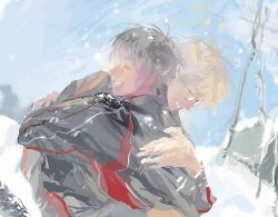  2boys ace_of_diamond black-framed_eyewear black_hair closed_eyes closed_mouth grin happy highres hug male_focus miyuki_kazuya multiple_boys nian_rt rectangular_eyewear sawamura_eijun short_hair smile snow snowing upper_body 